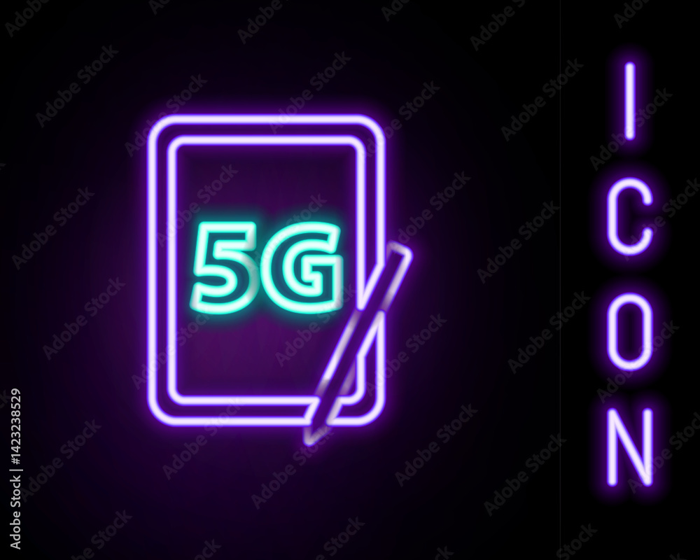 Fototapete Glowing neon line Graphic tablet with 5G wireless internet wifi icon isolated on black background. Global network high speed connection data rate technology. Colorful outline concept. Vector