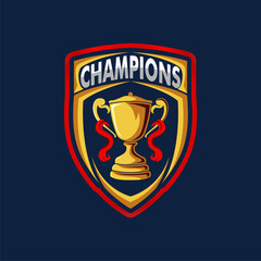 champion trophy logo emblem design with shield design, gold cup icon vector illustration perfect for sports teams, tournaments, or award 