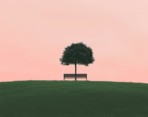 Peaceful park bench under tree, pink sunset, serene landscape