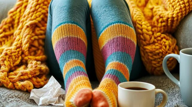 Cozy relaxation with knitted socks and warm cup on a couch