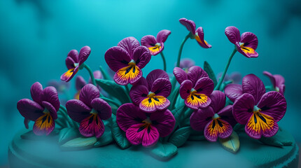 Close-up of vibrant purple and violet pansies with yellow-white centers, showcasing velvety petals and rich textures against a softly blurred floral background of similar hues ai.

