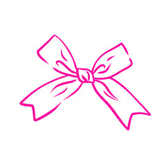 Coquette bow. Hand drawn girly decor. Decorative pink bow. Line illustration design element for Valentine day and wedding invitations, christmas cards, poster.