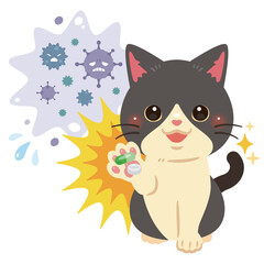 ウイルスを薬剤で治療して元気になる猫のイラスト