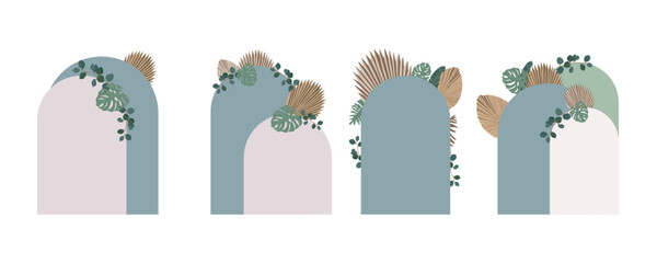 Boho backdrop element object with balloons and paper palm leaves