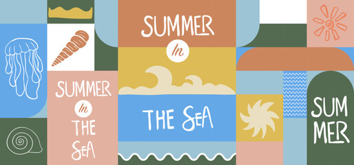 Summer geometric banner background with shell,jellyfish. graphic for horizontal design