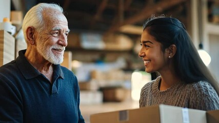 Elder and young woman sharing box in warehouse setting - Powered by Adobe