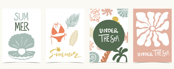 Summer groovy background with tree,sea,sun. graphic for a4 vertical design