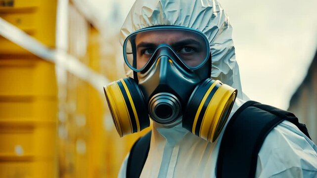 Male worker in hazmat suit with respirator in industrial zone