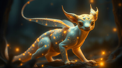 A glowing mystical creature with golden markings translucent wings and luminous features stands gracefully in a dark enchanted forest evoking fantasy wonder and magical presence ai.

