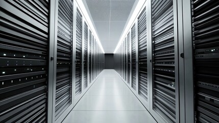 Modern data center server room technology infrastructure rows web gray dark racks cloud steel light