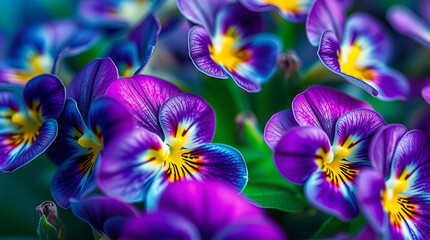 Close-up of vibrant purple and violet pansies with yellow-white centers, showcasing velvety petals and rich textures against a softly blurred floral background of similar hues ai.

