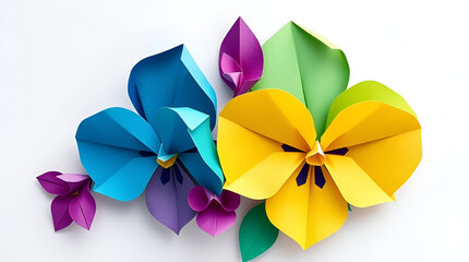 Close-up of vibrant purple and violet pansies with yellow-white centers, showcasing velvety petals and rich textures against a softly blurred floral background of similar hues ai.

