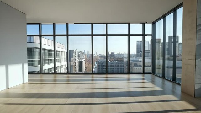 Urban skyline view from modern empty room with large windows