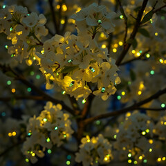An enchanting tree glows with tiny lights interspersed among blossoms and leaves creating a magical living light show like fireflies dancing in twilight ai.


