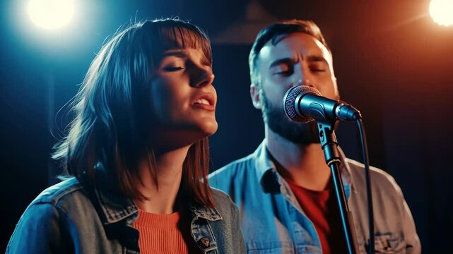 Live music performance with young female singer and male vocalist on stage