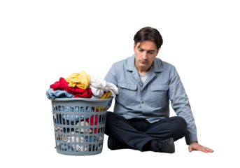 Overwhelmed Man with Laundry Basket: Household Chores, Laundry Day Stress, Cleaning Frustration, Domestic Tasks on Transparent  background
