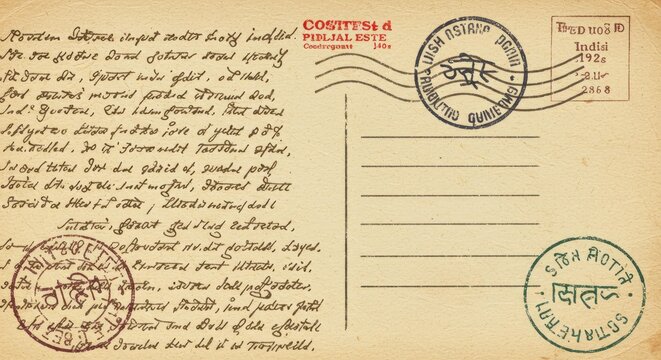 Vintage Indian Postcard Handwritten Script Stamp Marks Aged Paper
