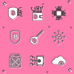 Set Shield with bitcoin, Cryptocurrency wallet, Processor, , key and Distribution icon. Vector