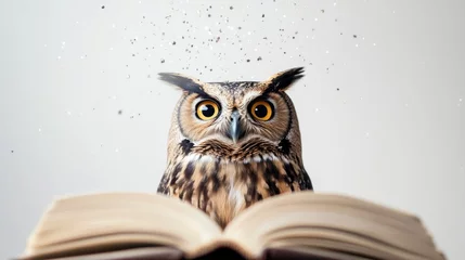 Wise owl perched above an open book, sparkles falling