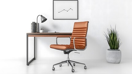 Modern minimalistic home office workspace with a sleek brown leather adjustable chair, wooden desk, potted plant, desk lamp, and inspi wall art in a bright room