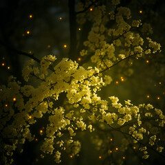 An enchanting tree glows with tiny lights interspersed among blossoms and leaves creating a magical living light show like fireflies dancing in twilight ai.

