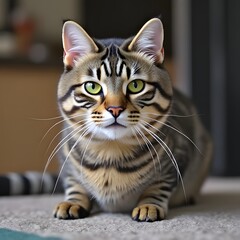 Portrait of a cute gray tabby cat with whiskers and big eyes looking directly at the viewer on a white background