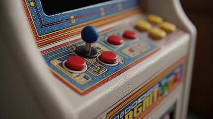 AI-generated close-up of a vintage arcade game machine with colorful buttons and joystick