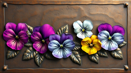 A dramatic floral arrangement of vibrant sculpted flowers in purple blue and fuchsia with green leaves set against a dark embossed textured background exuding elegance and depth ai.

