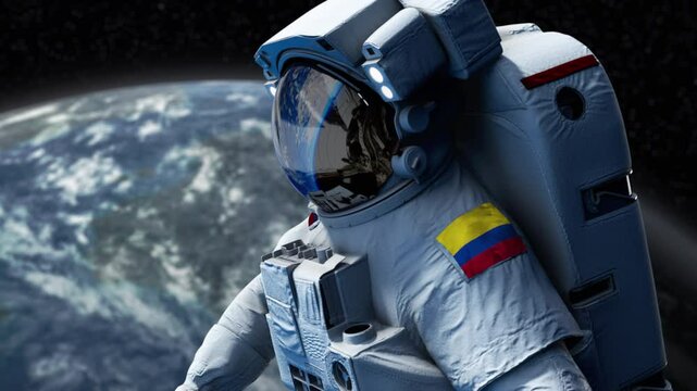 Colombia Astronaut with arm patch flag floating through space. Space program. Spaceman. Earth in background. The country showing national pride. 