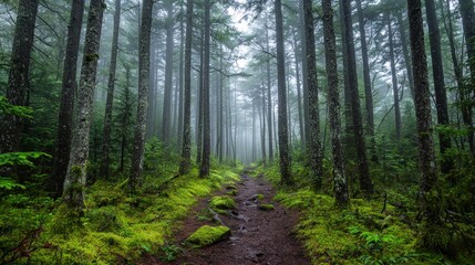 Obraz premium Misty forest path winds through tall evergreen trees.