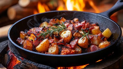 Cooking crispy potatoes and bacon over a campfire in a cast iron skillet with fresh herbs