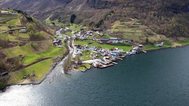 Beautiful overview of the fishing village Undredal on the mountain near Flam in Norway.