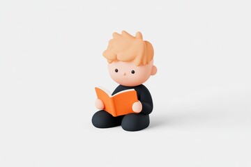 3D illustration of a child reading a book.  A cute, stylized figure of a child is seated and engrossed in reading a book.  The figure's design is simple and friendly, emphasizing the act of reading