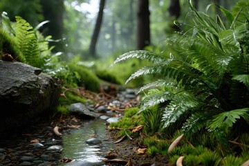 Fototapeta premium A Beautiful Stream Glistening Amidst Dense Forest with Vibrant Ferns and Moss on World Environment Day