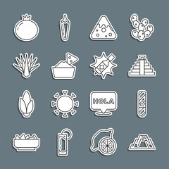 Set line Volcano eruption with lava, Cigar, Chichen Itza in Mayan, Nachos, bowl, Agave, Tomato and Tabasco sauce icon. Vector