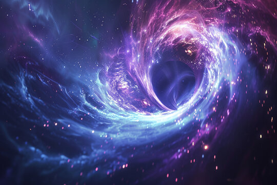 A swirling black hole tearing through space and time, its gravitational maw stretching the fabric of reality, surrounded by spiraling debris, distorted starlight, and tendrils of energy being pulled i