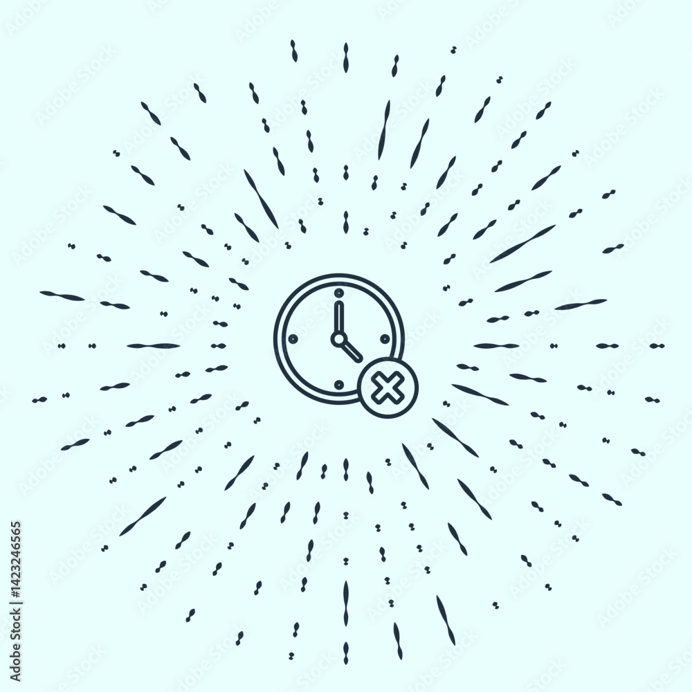 Poster black line clock delete icon isolated on grey background. time symbol. abstract circle random dots. 
