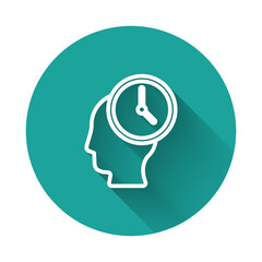 White line Time Management icon isolated with long shadow. Clock and gear sign. Productivity symbol. Green circle button. Vector