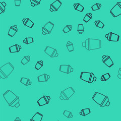 Black line Cocktail shaker icon isolated seamless pattern on green background. Vector