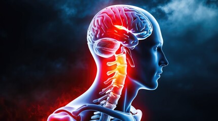 A dramatic and conceptual illustration of human anatomy showcasing the spine and brain, emphasizing pain, with glowing red against a dark blue, ominous backdrop