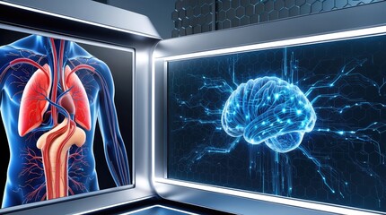 Futuristic medical interface displaying human anatomy and neural network analysis.