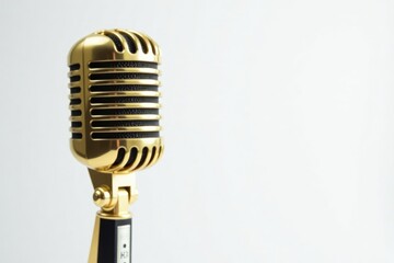 Fototapeta premium Close-up shot of a single gold microphone isolated on white , golden, object