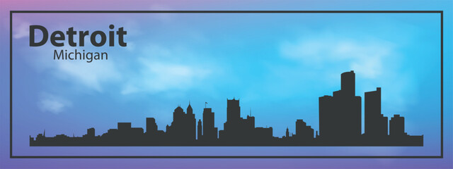 Fototapeta premium Black silhouette of the Detroit, Michigan city skyline against a realistic blue sky with white clouds