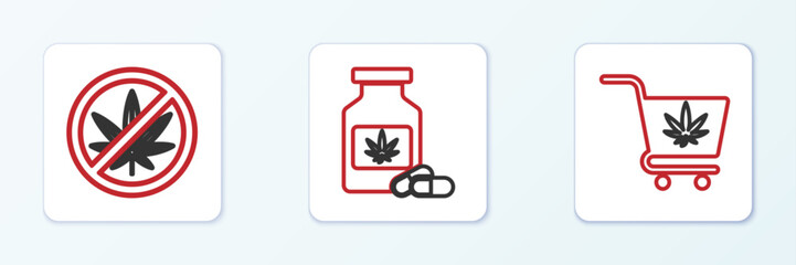 Set line Shopping cart with marijuana, Stop and Medical bottle icon. Vector