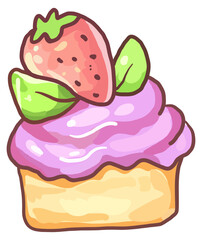 Cute cupcake with pink frosting, a strawberry on top, and green leaves. Cartoonish and colorful illustration.