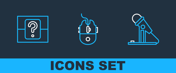 Set line Microphone, Mystery or random box and Computer mouse gaming icon. Vector