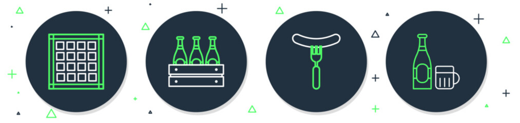 Set line Pack of beer bottles, Sausage on the fork, Checkered napkin and Beer and glass icon. Vector