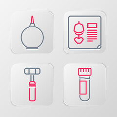 Set line Test tube with blood, Neurology reflex hammer, X-ray shots and Enema icon. Vector