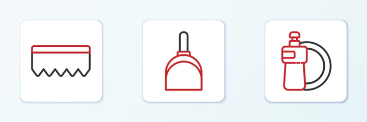 Obraz premium Set line Dishwashing liquid bottle and plate, Sponge with bubbles and Dustpan icon. Vector