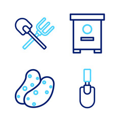 Set line Garden trowel spade or shovel, Potato, Hive for bees and Shovel and rake icon. Vector